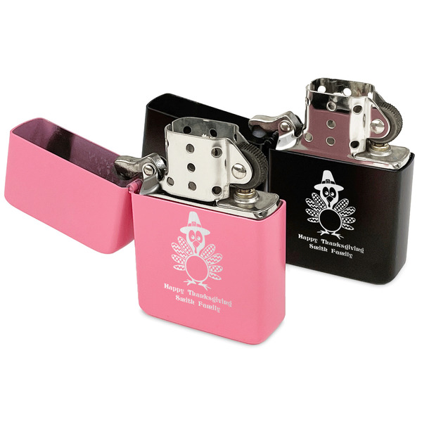 Happy Thanksgiving Windproof Lighters - Black & Pink - Open