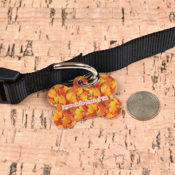 Fall Leaves Bone Shaped Dog ID Tag - Large - In Context