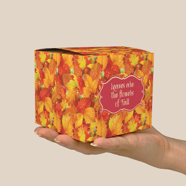 Fall Leaves Cube Favor Gift Box - On Hand - Scale View