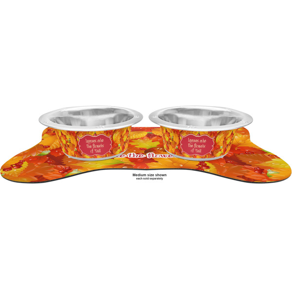 Fall Leaves Metal Pet Bowls - On Dog Bone Shaped Mat