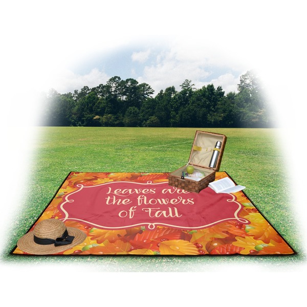 Fall Leaves Picnic Blanket - with Basket Hat and Book - in Use