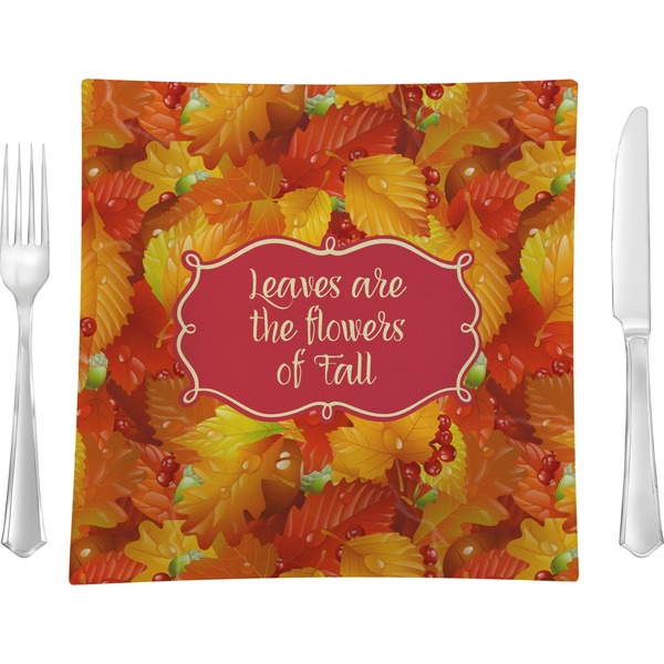 Custom Fall Leaves 9.5" Glass Square Lunch / Dinner Plate- Single or Set of 4