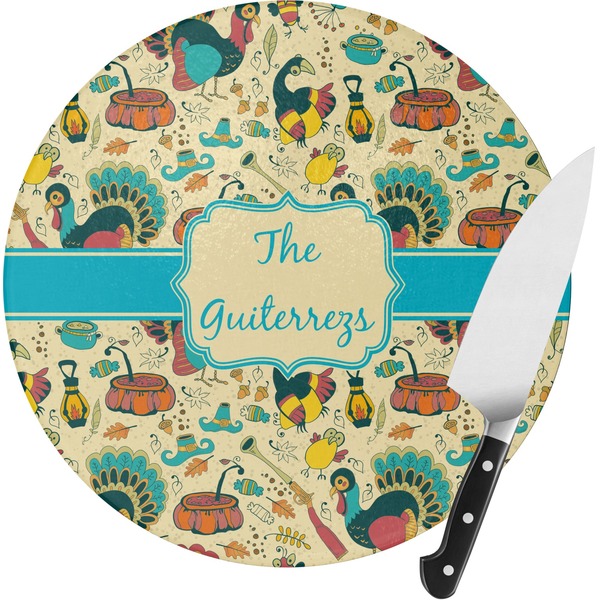 Custom Old Fashioned Thanksgiving Round Glass Cutting Board - Small (Personalized)