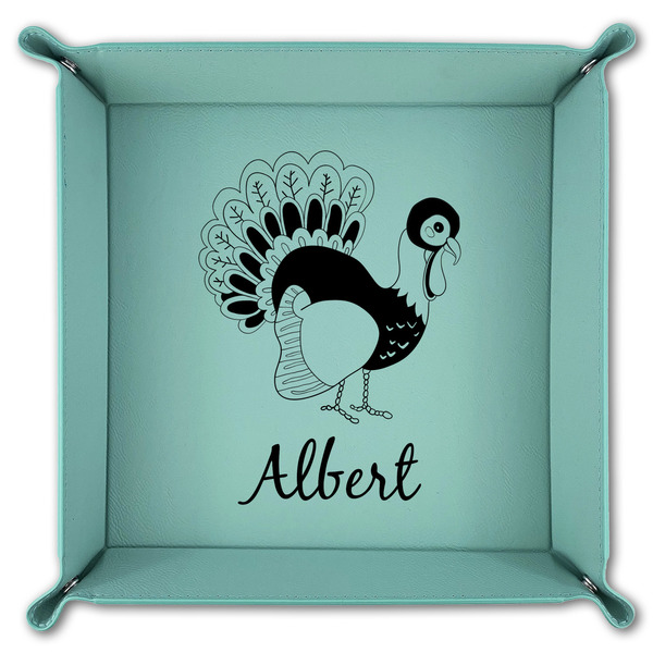 Old Fashioned Thanksgiving 9" x 9" Teal Leatherette Snap Up Tray - FOLDED