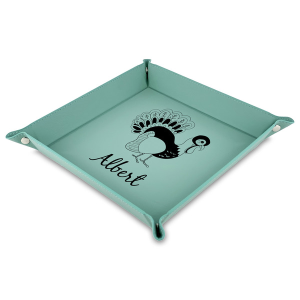 Custom Old Fashioned Thanksgiving 9" x 9" Teal Faux Leather Valet Tray (Personalized)