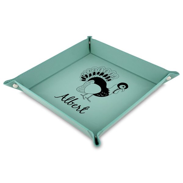 Custom Old Fashioned Thanksgiving Faux Leather Dice Tray - 9" x 9"  - Teal (Personalized)