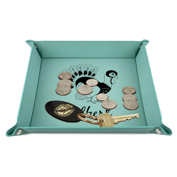 Old Fashioned Thanksgiving 9" x 9" Teal Leatherette Snap Up Tray - STYLED