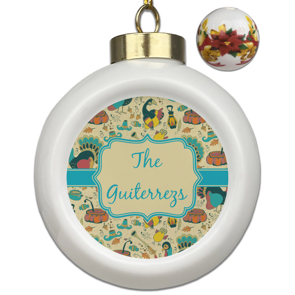 Custom Old Fashioned Thanksgiving Ceramic Ball Ornaments - Poinsettia Garland (Personalized)