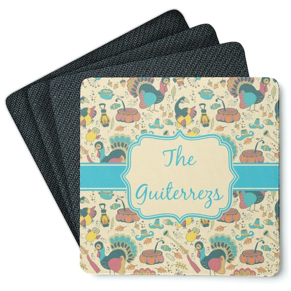 Custom Old Fashioned Thanksgiving Square Rubber Backed Coasters - Set of 4 (Personalized)