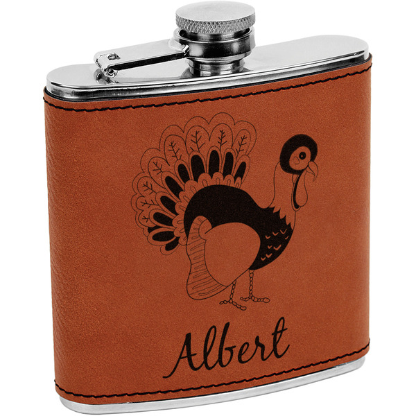 Custom Old Fashioned Thanksgiving Leatherette Wrapped Stainless Steel Flask (Personalized)