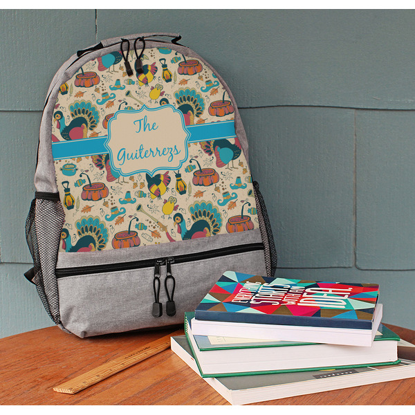 Old Fashioned Thanksgiving Large Backpack - Gray - On Desk