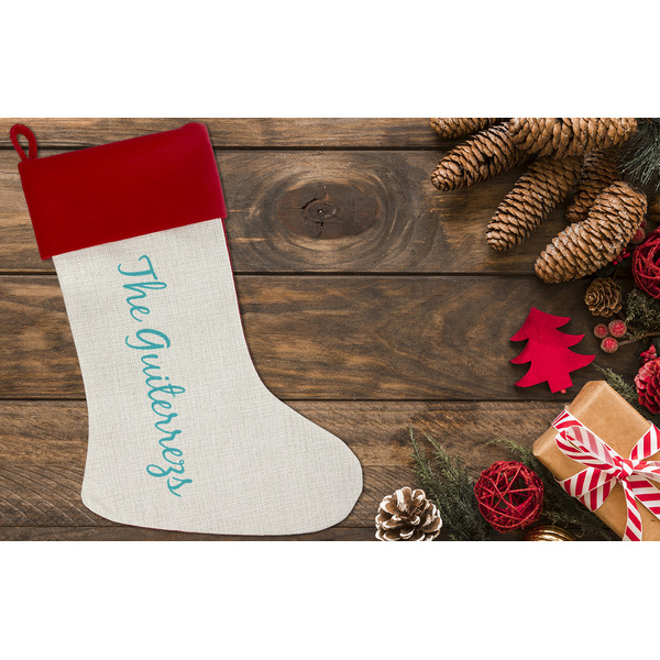 Old Fashioned Thanksgiving Linen Stocking w/Red Cuff - Flat Lay (LIFESTYLE)