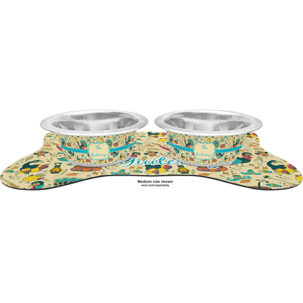 Old Fashioned Thanksgiving Metal Pet Bowls - On Dog Bone Shaped Mat