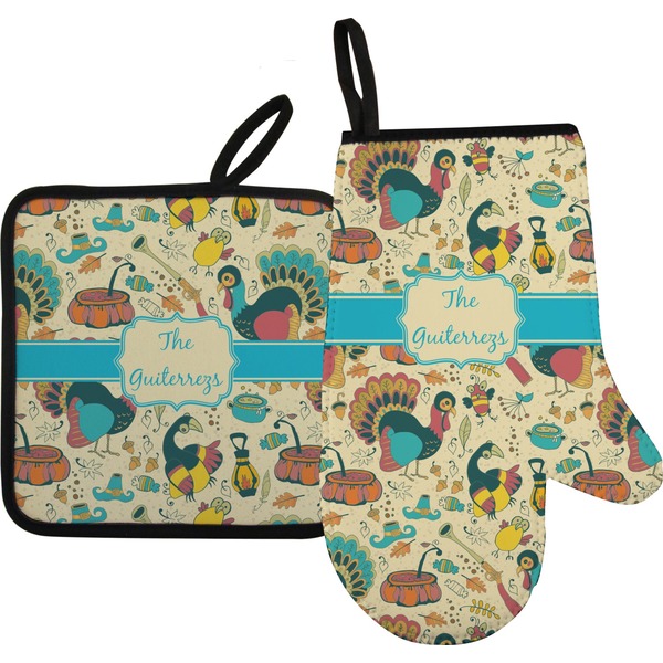 Custom Old Fashioned Thanksgiving Oven Mitt & Pot Holder Set w/ Name or Text