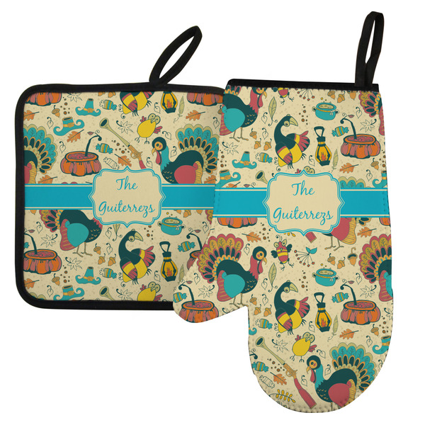 Custom Old Fashioned Thanksgiving Left Oven Mitt & Pot Holder Set w/ Name or Text