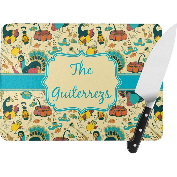 Custom Old Fashioned Thanksgiving Rectangular Glass Cutting Board - Large - 15.25"x11.25" w/ Name or Text