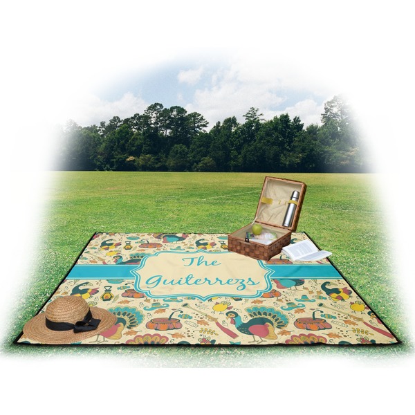 Old Fashioned Thanksgiving Picnic Blanket - with Basket Hat and Book - in Use