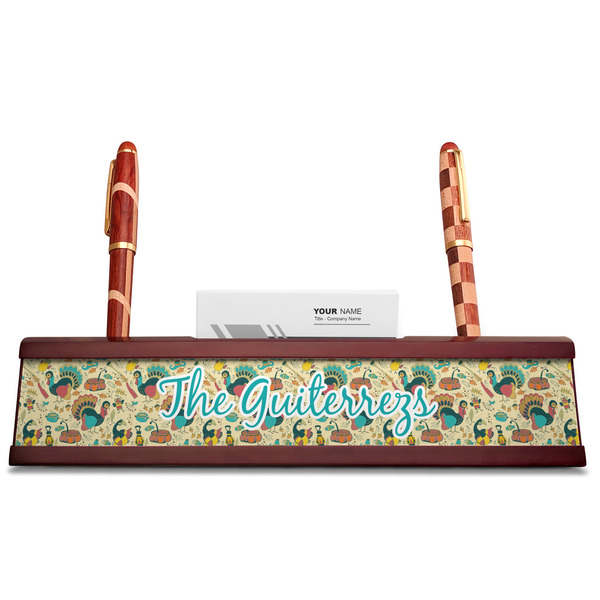 Old Fashioned Thanksgiving Red Mahogany Nameplates with Business Card Holder - Straight