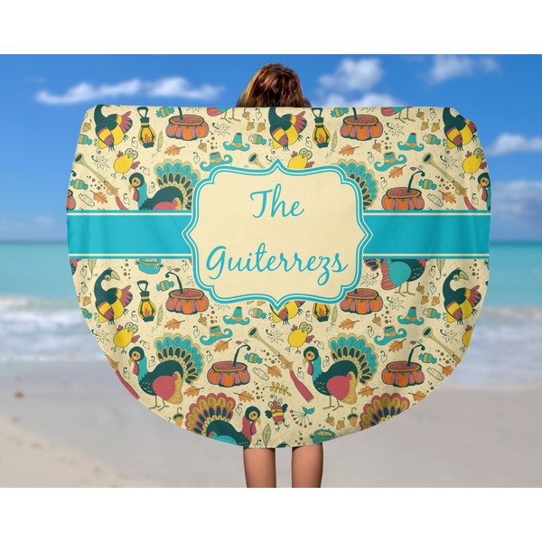 Old Fashioned Thanksgiving Round Beach Towel - In Use