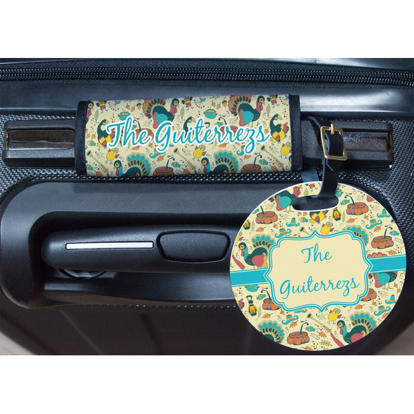 Old Fashioned Thanksgiving Round Luggage Tag & Handle Wrap - In Context