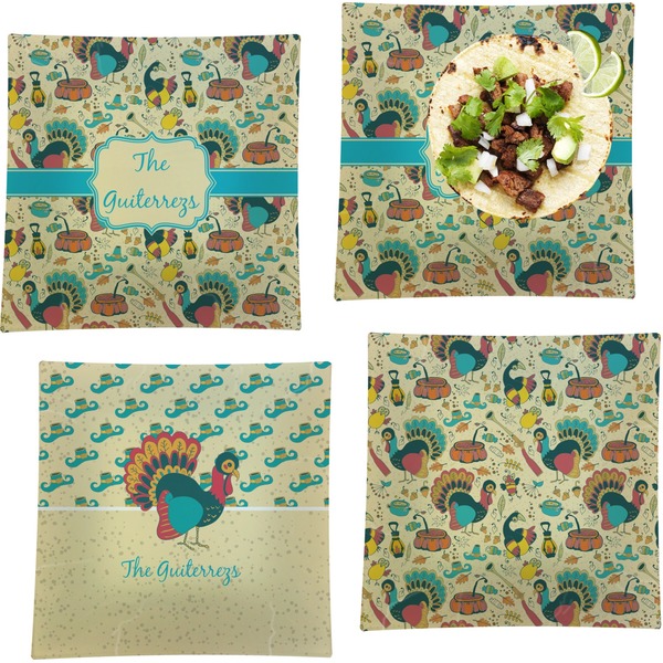 Custom Old Fashioned Thanksgiving Set of 4 Glass Square Lunch / Dinner Plate 9.5" (Personalized)