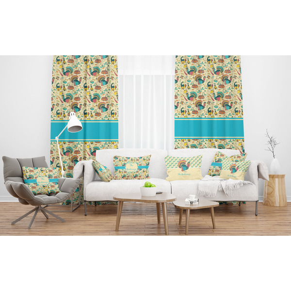 Old Fashioned Thanksgiving Sheer and Custom Curtains in Room with Matching Pillows