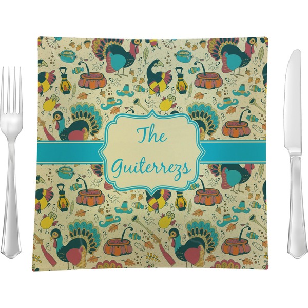Custom Old Fashioned Thanksgiving Glass Square Lunch / Dinner Plate 9.5" (Personalized)