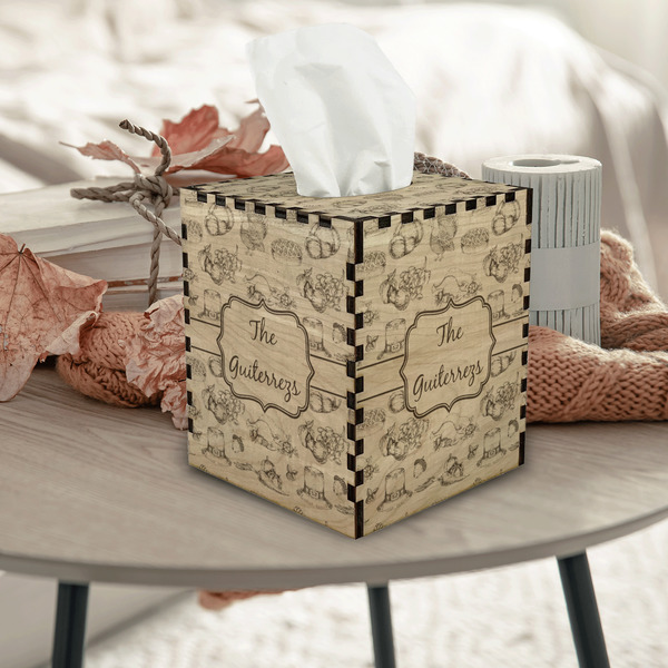 Old Fashioned Thanksgiving Square Tissue Box Covers - Wood - In Context