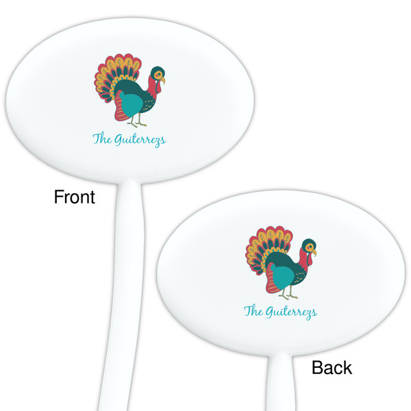 Old Fashioned Thanksgiving White Plastic 7" Stir Stick - Double Sided - Oval - Front & Back