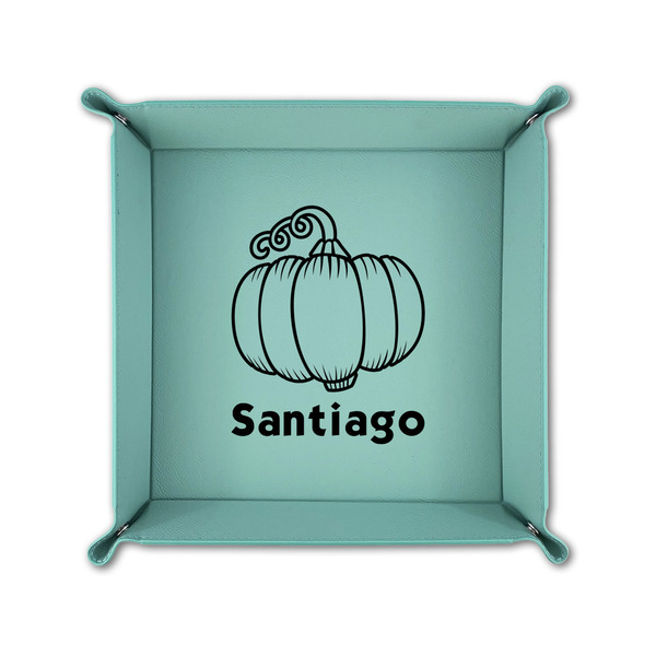 Pumpkins 6" x 6" Teal Leatherette Snap Up Tray - FOLDED UP