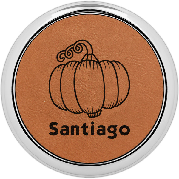 Custom Pumpkins Leatherette Round Coaster w/ Silver Edge (Personalized)