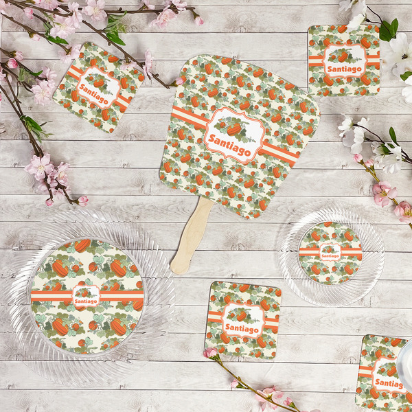 Pumpkins Party Supplies Combination Image - All items - Plates, Coasters, Fans