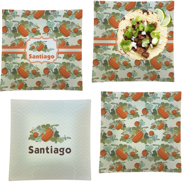 Custom Pumpkins Set of 4 Glass Square Lunch / Dinner Plate 9.5" (Personalized)