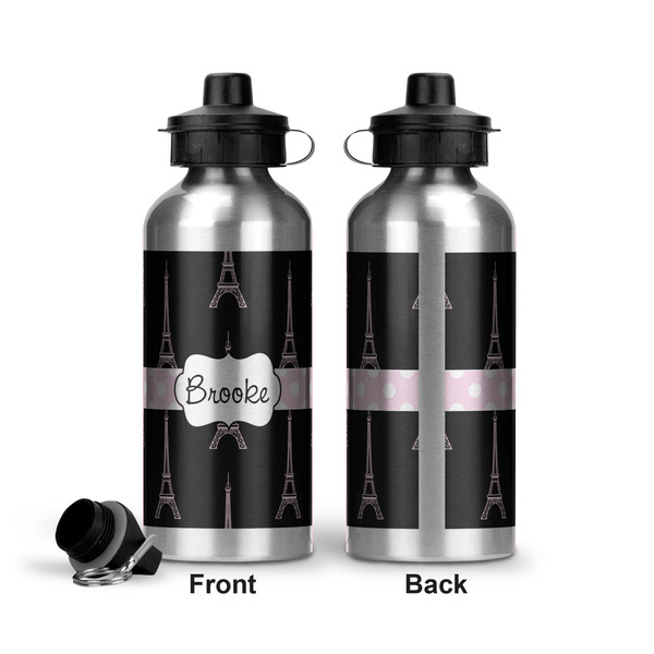 Black Eiffel Tower Aluminum Water Bottle - Front and Back