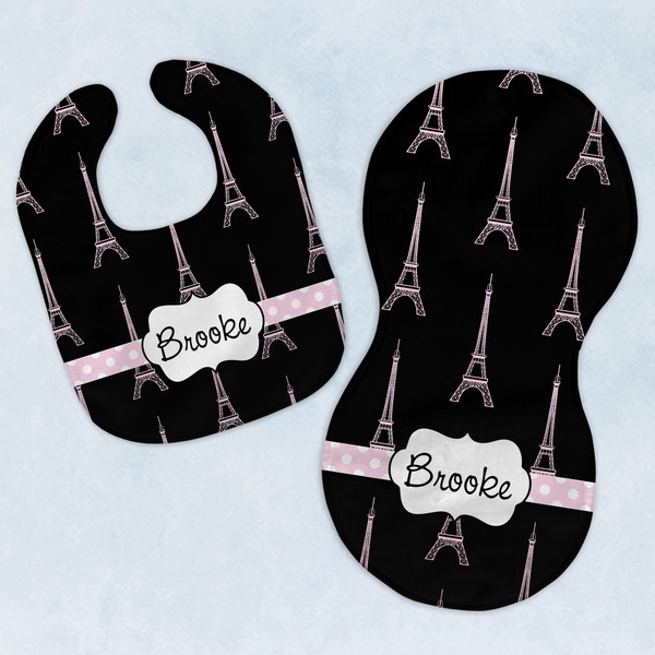 Custom Black Eiffel Tower Baby Bib & Burp Set w/ Name or Text
