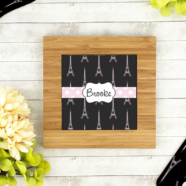 Black Eiffel Tower Bamboo Trivet with 6" Tile - LIFESTYLE