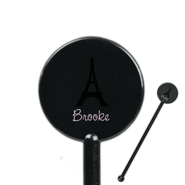 Custom Black Eiffel Tower 5.5" Round Plastic Stir Sticks - Black - Single Sided (Personalized)