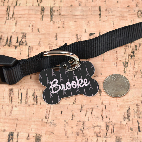 Black Eiffel Tower Bone Shaped Dog ID Tag - Large - In Context