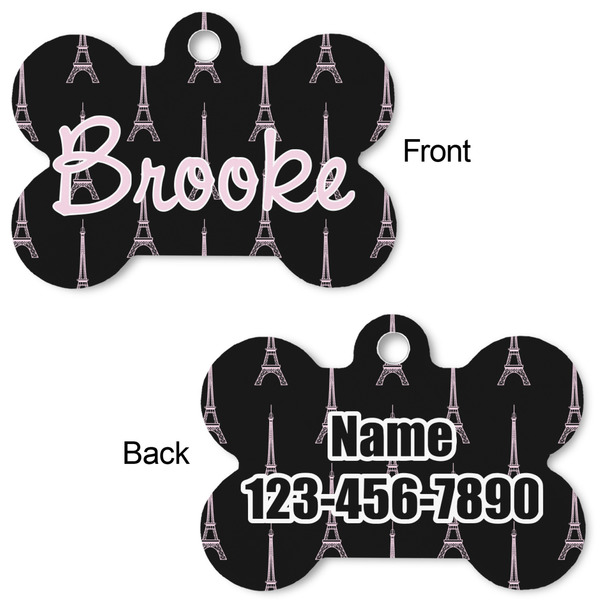 Black Eiffel Tower Bone Shaped Dog Tag - Front & Back