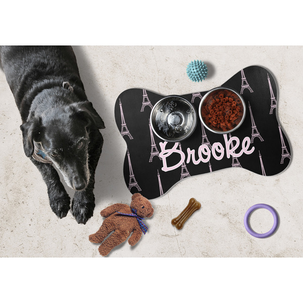 Black Eiffel Tower Bone Shaped Mat w/ Food & Water