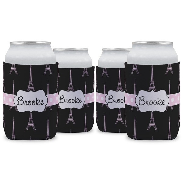 Custom Black Eiffel Tower Can Cooler (12 oz) - Set of 4 w/ Name or Text
