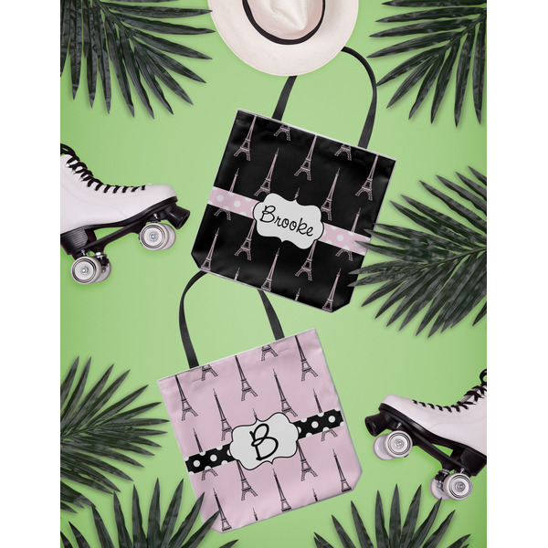 Black Eiffel Tower Canvas Tote Lifestyle Front and Back- 13x13