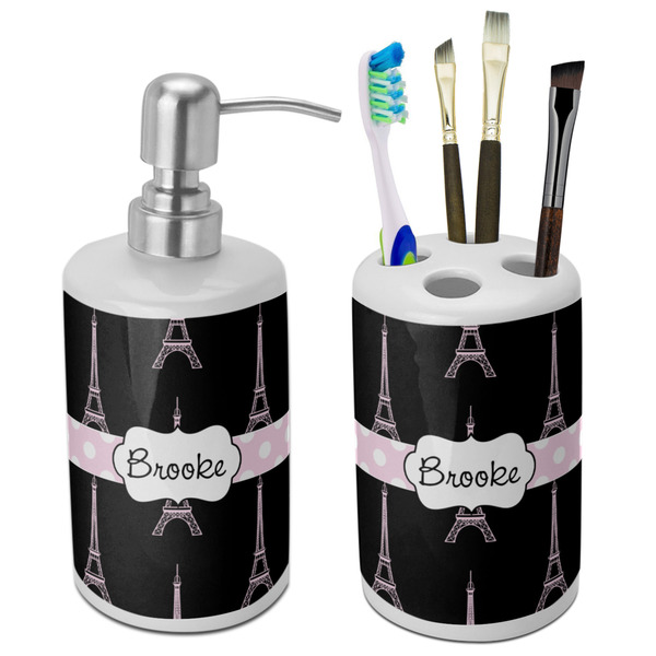 Custom Black Eiffel Tower Ceramic Bathroom Accessories Set (Personalized)
