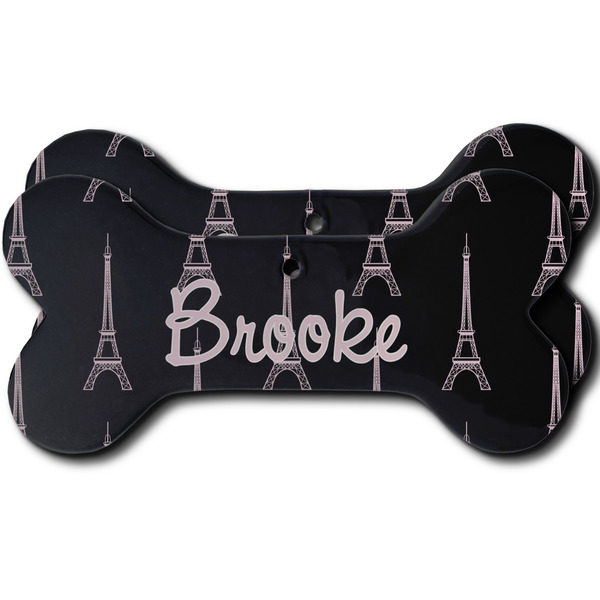 Custom Black Eiffel Tower Ceramic Dog Ornament - Front & Back w/ Name or Text