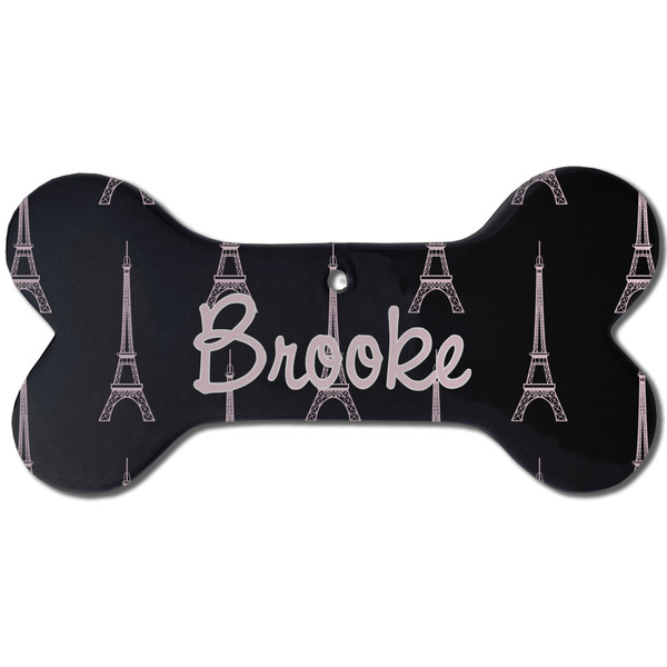 Custom Black Eiffel Tower Ceramic Dog Ornament - Front w/ Name or Text