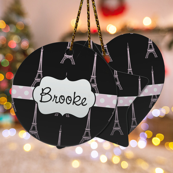 Custom Black Eiffel Tower Ceramic Ornament w/ Name or Text