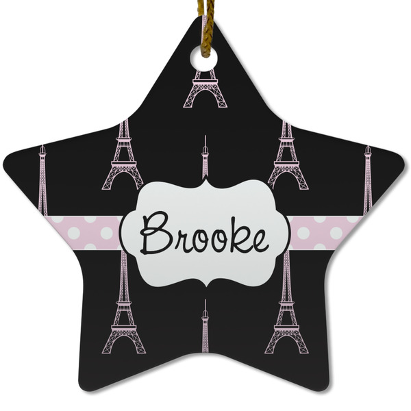 Custom Black Eiffel Tower Star Ceramic Ornament w/ Name or Text