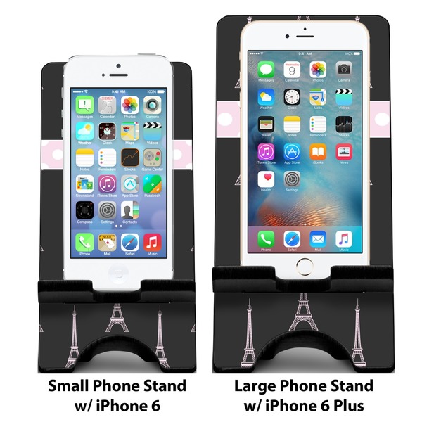 Black Eiffel Tower Compare Phone Stand Sizes - with iPhones