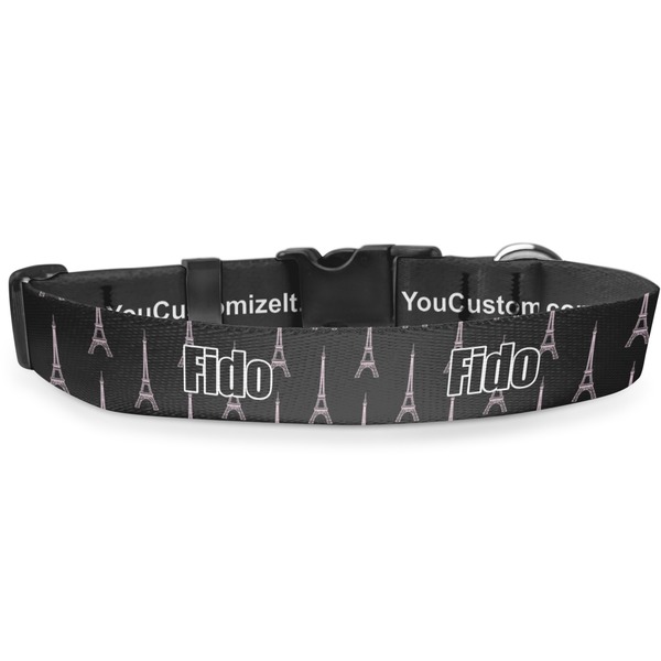 Custom Black Eiffel Tower Deluxe Dog Collar - Medium (11.5" to 17.5") (Personalized)