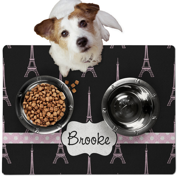 Custom Black Eiffel Tower Dog Food Mat - Medium w/ Name or Text